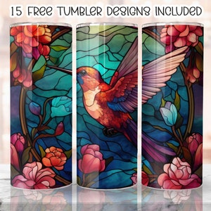 Hummingbird Flowers Stained Glass 20 oz Skinny Tumbler Sublimation Design, Digital Download PNG, Straight Skinny Tumbler Wrap PNG