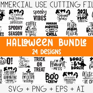 May include: A set of 24 Halloween-themed digital designs for crafting and cutting. The designs feature various spooky and fun phrases, including "I'm just here for the boos", "Spooky Vibes", "Best Witches", "Boo Crew", "Trick or Treat", "I'm a Haunt Mess", "Booze & Boos", "Witches Be Crazy", and more. The designs are in black and white and are perfect for creating Halloween-themed crafts, decorations, and apparel.