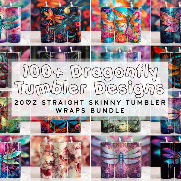 Dragonfly Tumbler Wrap Bundel PNG, Skinny Tumbler 20oz Sublimatie Wrap Design, Rechte Tumbler Wrap, Gebrandschilderd glas, Alcoholinkt, Aquarel