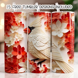 3D Cardinal Bird Flowers 20 oz Skinny Tumbler Sublimation Design, Straight Tumbler Wrap, Instant Digital Download PNG, Floral Cardinal