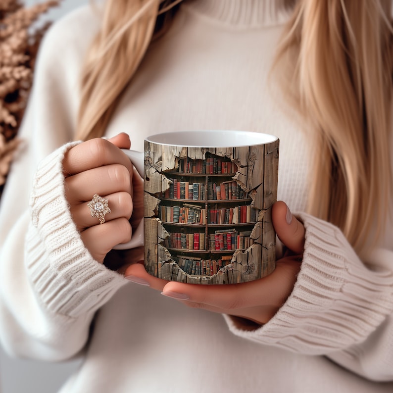 3D Bookshelf Mug Sublimation, 3D Book Mug Wrap, 11oz 15 Oz Mug Design, 3D Mug Wrap, 11oz Mug Png, 15oz Mug PNG Book Lover Mug Coffee Mug image 1