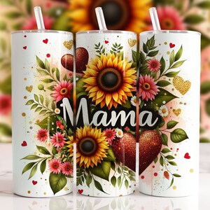 Sunflowers Mama Tumbler Wrap 20 oz Skinny Tumbler PNG Mama Sublimation Design Glitter Leopard Mom Life Seamless Mother&#39;s Day Tumbler Wrap
