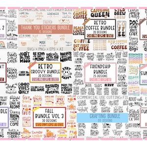 May include: A collage of digital design bundles for crafting projects. The bundles include designs for pet ornaments, retro coffee, friendship, summer, funny quotes, fall, and crafting. Each bundle includes SVG, PNG, EPS, AI, and DXF files.