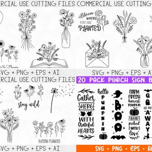Op de afbeelding: Een set van 20 zwart-witte SVG-snijbestanden voor porch-borden. De borden hebben verschillende herfst- en Halloween-thema's, waaronder pompoenen, geesten, vleermuizen, heksen en de tekst "Gather Here", "With Grateful Hearts", "Hello Pumpkin", "Farm Fresh Harvest Pumpkin", "Hand Picked With Love", "Broom Parking", "Get Away", "Witches Only" en "All Others Will Be Toad".