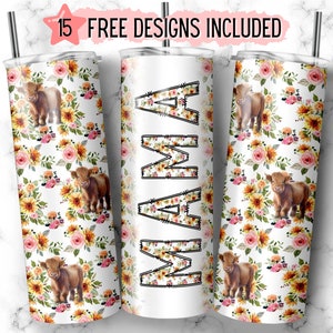 20oz Seamless Highland Cow Mama Tumbler Wrap Sublimation, Cow Sublimation png, Mama Tumbler, Cute Cow Tumbler, Floral Tumbler wrap