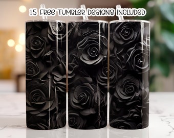 3D Black roses Tumbler Wrap, 20 oz Skinny Tumbler Sublimation Design, Beach Straight Tumbler Wrap, Digital Download PNG