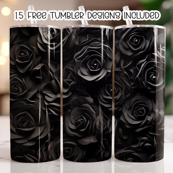 3D Black roses Tumbler Wrap, 20 oz Skinny Tumbler Sublimation Design, Beach Straight Tumbler Wrap, Digital Download PNG