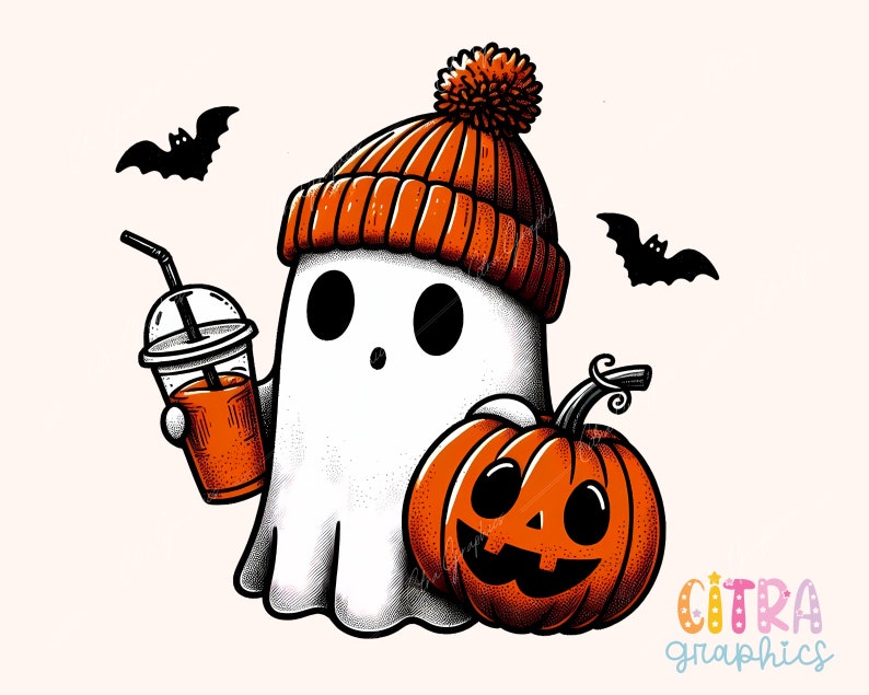 May include: A white ghost wearing an orange knit hat and holding a cup of orange juice. The ghost is next to a carved orange pumpkin with a smiling face.