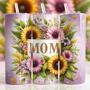 Sunflowers Mama Tumbler Wrap 20 oz Skinny Tumbler PNG Mama Sublimation Design Glitter Leopard Mom Life Seamless Mother&#39;s Day Tumbler Wrap