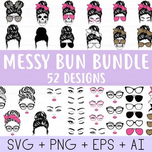 Messy Bun Bundle svg, mamá cráneo svg, Mom Life svg, mamá e hija svg, Mom life Kid Life Png, elegante mujer afro svg, Cricut Silhouette