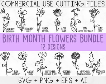 Birth Month Flowers Svg, Wildflower svg,Birthday Flower, Flower Clipart, Botanical svg ,Floral Svg ,Daisy svg ,Rose svg, Poppy svg png