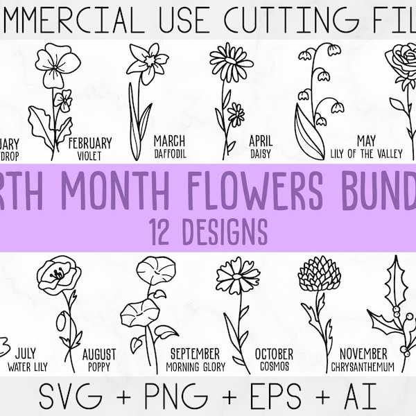 Birth Month Flowers Svg, Wildflower svg,Birthday Flower, Flower Clipart, Botanical svg ,Floral Svg ,Daisy svg ,Rose svg, Poppy svg png