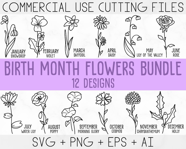 Birth Month Flowers Svg, Wildflower svg,Birthday Flower, Flower Clipart, Botanical svg ,Floral Svg ,Daisy svg ,Rose svg, Poppy svg png 