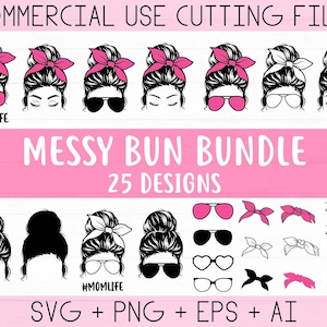 Puede incluir: Una descarga digital de 25 archivos SVG, PNG, EPS y AI de mo&ntilde;o desordenado. Los dise&ntilde;os presentan a una mujer con un mo&ntilde;o desordenado y varios accesorios, que incluyen gafas de sol, diademas y lazos. El texto "#MOMLIFE" aparece dos veces en la imagen.