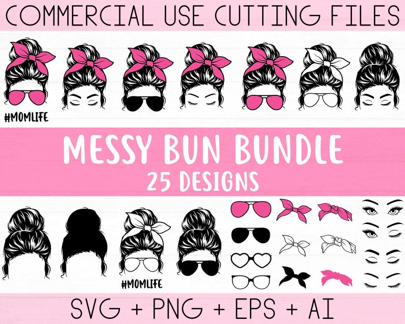 Puede incluir: Una descarga digital de 25 archivos SVG, PNG, EPS y AI de mo&ntilde;o desordenado. Los dise&ntilde;os presentan a una mujer con un mo&ntilde;o desordenado y varios accesorios, que incluyen gafas de sol, diademas y lazos. El texto "#MOMLIFE" aparece dos veces en la imagen.