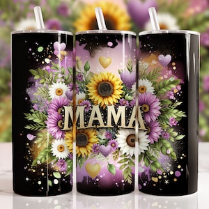Sunflowers Mama Tumbler Wrap 20 oz Skinny Tumbler PNG Mama Sublimation Design Glitter Leopard Mom Life Seamless Mother&#39;s Day Tumbler Wrap