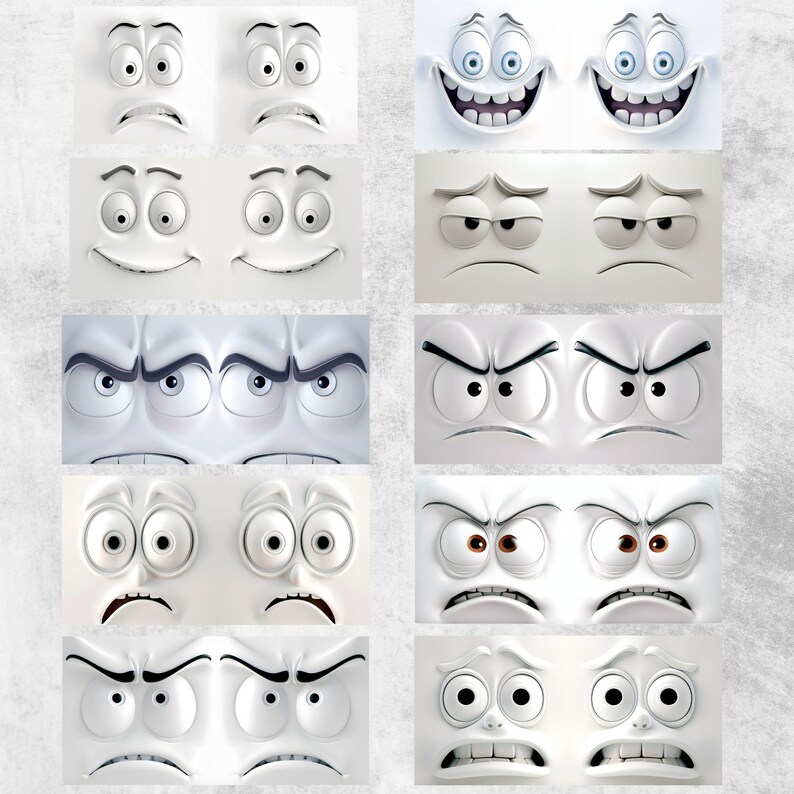 May include: A set of 10 cartoon faces with different expressions, including happy, sad, angry, and surprised. The faces are white with black outlines and are set against a white background.