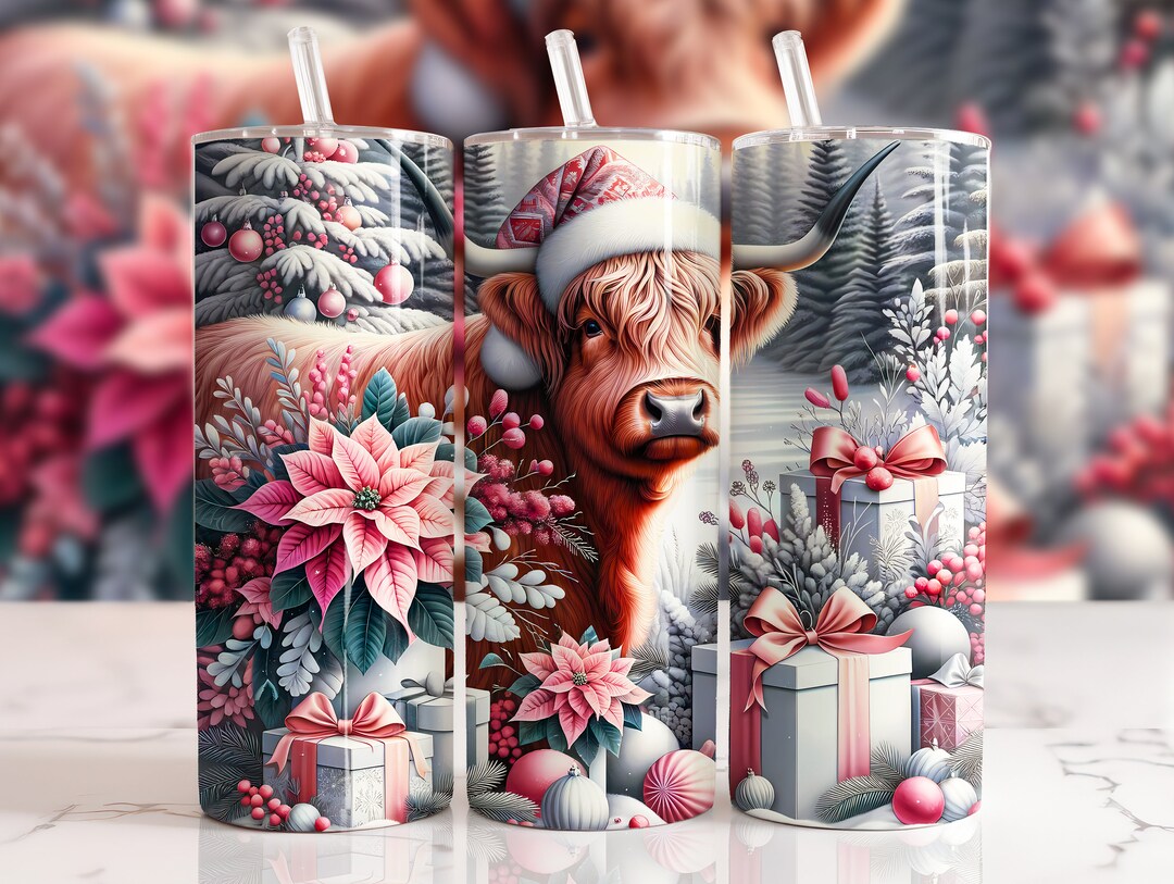 Highland Cow Christmas Pink 20oz Skinny Tumbler Wrap Sublimation Design ...