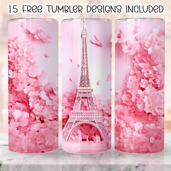 3D Torre Eiffel Rosas rosadas 20 oz Diseño de sublimación de vaso flaco, Envoltura de vaso recto, Descarga digital instantánea PNG