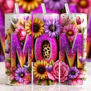 Sunflowers Mama Tumbler Wrap 20 oz Skinny Tumbler PNG Mama Sublimation Design Glitter Leopard Mom Life Seamless Mother&#39;s Day Tumbler Wrap