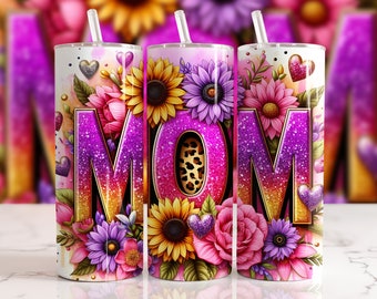 Sunflowers Mama Tumbler Wrap 20 oz Skinny Tumbler PNG Mama Sublimation Design Glitter Leopard Mom Life Seamless Mother's Day Tumbler Wrap