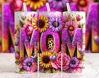 Sunflowers Mama Tumbler Wrap 20 oz Skinny Tumbler PNG Mama Sublimation Design Glitter Leopard Mom Life Seamless Mother's Day Tumbler Wrap