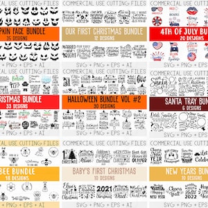Op de afbeelding: Een digitale collage van 10 verschillende bundels met SVG-, PNG-, EPS- en AI-bestanden voor commercieel gebruik. De bundels bevatten ontwerpen voor pompoenen, Kerstmis, 4 juli, Halloween, Sinterklaas, bijen, de eerste kerst van de baby en Nieuwjaar. Elke bundel bevat een aantal ontwerpen, vari&euml;rend van 6 tot 35.