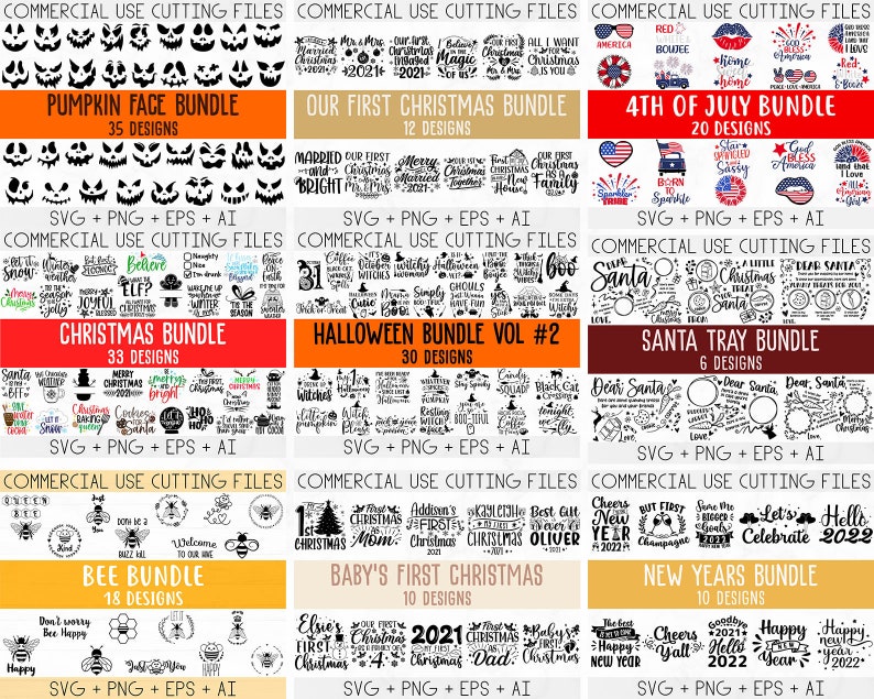 Op de afbeelding: Een digitale collage van 10 verschillende bundels met SVG-, PNG-, EPS- en AI-bestanden voor commercieel gebruik. De bundels bevatten ontwerpen voor pompoenen, Kerstmis, 4 juli, Halloween, Sinterklaas, bijen, de eerste kerst van de baby en Nieuwjaar. Elke bundel bevat een aantal ontwerpen, vari&euml;rend van 6 tot 35.