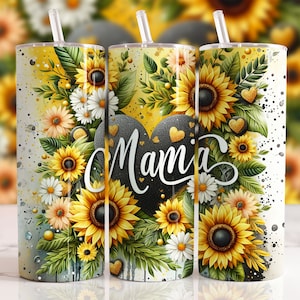 Sunflowers Mama Tumbler Wrap 20 oz Skinny Tumbler PNG Mama Sublimation Design Glitter Leopard Mom Life Seamless Mother&#39;s Day Tumbler Wrap