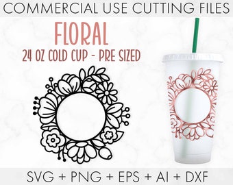 Op de afbeelding: Een zwart-wit bloemenontwerp voor een 24 ounce koude beker. Het ontwerp heeft een cirkel in het midden, omringd door bloemen. Het ontwerp wordt getoond op een witte beker met een roosgoud bloemenontwerp.