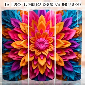 3D Colorful Mandala Flower Tumbler Wrap, 20 oz Skinny Tumbler Sublimation Design, Floral Straight Tumbler Wrap, Digital Download PNG
