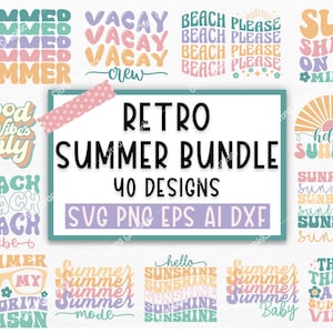Peut inclure: Un ensemble de 40 designs numériques sur le thème de l'été rétro aux formats SVG, PNG, EPS, AI et DXF. Les designs présentent des textes et des illustrations colorés sur le thème de l'été comme "Summer", "Vacay", "Beach", "Sunshine" et "Good Vibes Only".