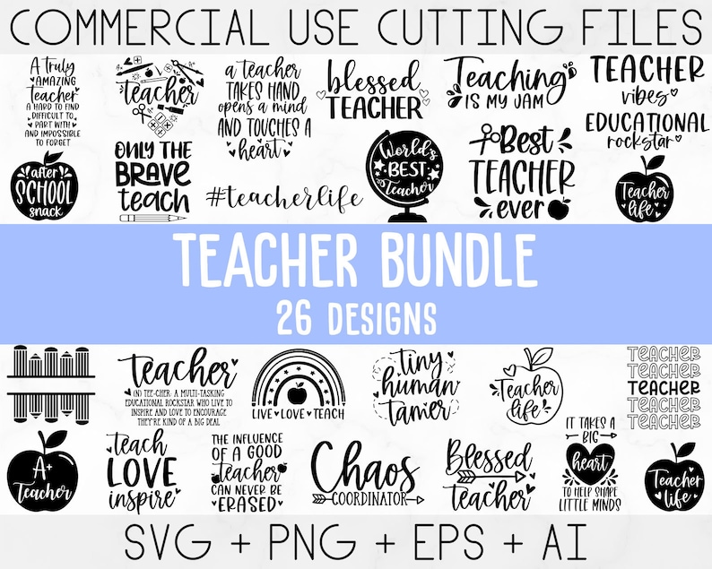 May include: A black and white digital design bundle for teachers. The bundle includes 26 designs with various quotes and illustrations related to teaching. The designs are perfect for creating t-shirts, mugs, tote bags, and other crafts.