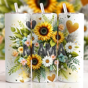 Sunflowers Mama Tumbler Wrap 20 oz Skinny Tumbler PNG Mama Sublimation Design Glitter Leopard Mom Life Seamless Mother&#39;s Day Tumbler Wrap