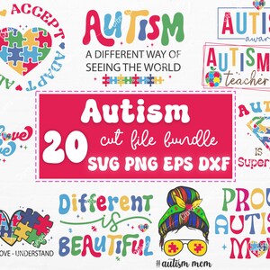 Puede incluir: Un conjunto de 20 archivos de corte digital para manualidades y dise&ntilde;o. Los archivos presentan varios dise&ntilde;os relacionados con la concienciaci&oacute;n sobre el autismo, incluyendo piezas de rompecabezas, corazones y texto. El texto incluye frases como "Concienciaci&oacute;n sobre el autismo", "Maestro de autismo", "El autismo es mi superpoder" y "Diferente es hermoso".