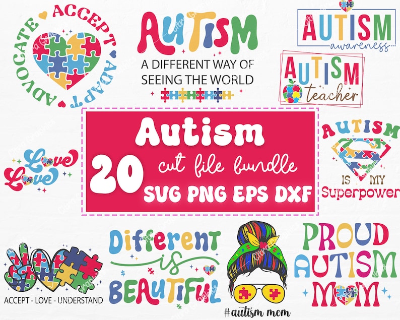 Puede incluir: Un conjunto de 20 archivos de corte digital para manualidades y dise&ntilde;o. Los archivos presentan varios dise&ntilde;os relacionados con la concienciaci&oacute;n sobre el autismo, incluyendo piezas de rompecabezas, corazones y texto. El texto incluye frases como "Concienciaci&oacute;n sobre el autismo", "Maestro de autismo", "El autismo es mi superpoder" y "Diferente es hermoso".