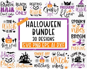 Puede incluir: Un conjunto de 30 archivos digitales de Halloween en formato SVG, PNG, EPS, AI y DXF. Los diseños presentan varias frases espeluznantes y de brujas, que incluyen "Broom Hair Don't Care", "Resting Witch Face", "Spooky Vibes Broom" y "Bad Witch Vibes".