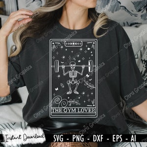 May include: A black and white digital illustration of a skeleton lifting a barbell. The image is in the style of a tarot card with the text "The Gym Lover" at the bottom.
