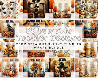 May include: A collection of 20oz straight skinny tumbler wraps featuring 85 pumpkin designs. The tumblers showcase various fall-themed illustrations, including pumpkins, autumn leaves, and seasonal characters. The designs are in a variety of colors, including orange, brown, and beige.