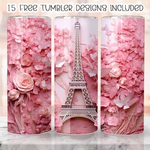3D Eiffel Tower Pink Roses 20 oz Skinny Tumbler Sublimation Design, Straight Tumbler Wrap, Instant Digital Download PNG