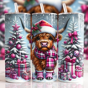 Pink Christmas Highland Cow 20oz Skinny Tumbler Wrap Sublimation Design, Tumbler PNG Instant Digital Download, Straight Tumbler Wrap PNG