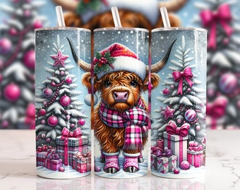 Pink Christmas Highland Cow 20oz Skinny Tumbler Wrap Sublimation Design, Tumbler PNG Instant Digital Download, Straight Tumbler Wrap PNG