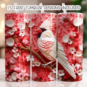 3D Cardinal Bird Flowers 20 oz Skinny Tumbler Sublimation Design, Straight Tumbler Wrap, Instant Digital Download PNG, Floral Cardinal