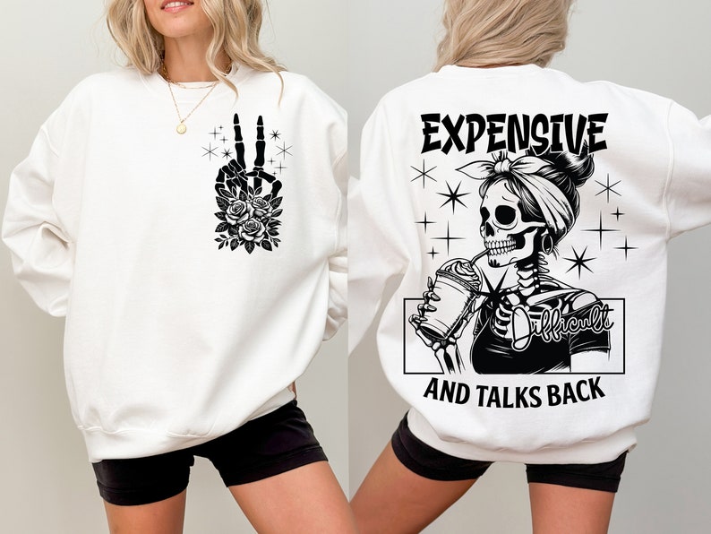 Expensive Difficult And Talks Back PNG, Mom Skeleton PNG, Funny Saying Png, Front And Back PNG, Retro Trendy Sublimation Shirt design zdjęcie 1