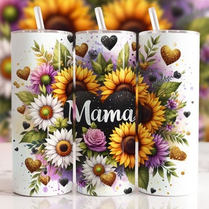 Sunflowers Mama Tumbler Wrap 20 oz Skinny Tumbler PNG Mama Sublimation Design Glitter Leopard Mom Life Seamless Mother&#39;s Day Tumbler Wrap