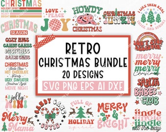 May include: A set of 20 retro Christmas designs in SVG, PNG, EPS, AI, and DXF formats. The designs feature various Christmas-themed phrases and images, including "Merry Christmas", "Jingle All The Way", "Santa Babes Club", and "Candy Cane Cutie".