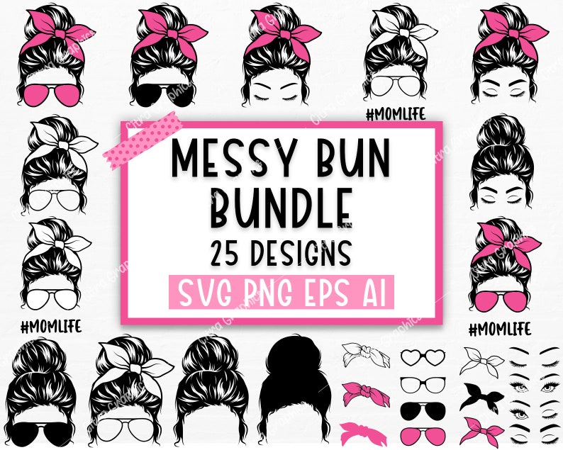 Puede incluir: Un conjunto de 25 dise&ntilde;os digitales que presentan peinados con mo&ntilde;o desordenado con varios accesorios, incluyendo gafas de sol, lazos y el texto "#MOMLIFE". Los dise&ntilde;os est&aacute;n disponibles en los formatos SVG, PNG, EPS y AI.