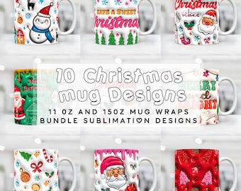 3D Christmas Mug Wrap Bundle, Inflated Christmas Mug Wrap Sublimation Design PNG, Puffy Christmas Mug 11oz and 15oz Coffee Cup