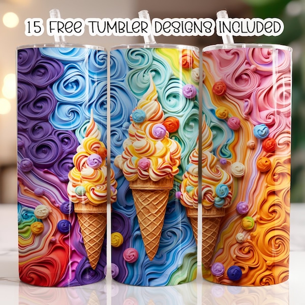 3D Summer Tumbler Wrap, 3D Ice Cream Cones 20 oz Skinny Tumbler Sublimation Design, Straight Tumbler Wrap, Télécharger PNG