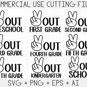 Paquete svg del último día de clases, jardín de infantes Peace Out, svg de fin de escuela, preescolar, archivos de corte svg de primer segundo grado para Cricut, Png